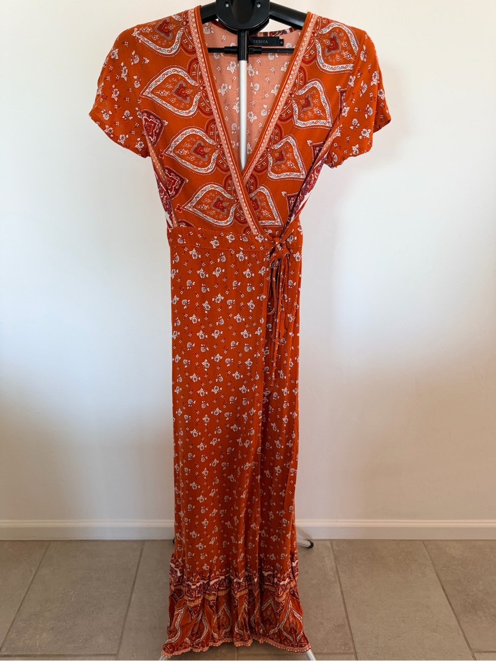 Boho Tie-Waist Orange Paisley Maxi Dress